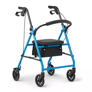 واکر رولیتور تاشو فولادی سبک وزن Medline Mobility با چرخ‌های 6 اینچی، صندلی و بازوهای قابل تنظیم، آبی روشن