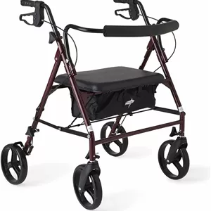 واکر رولیتور سنگین Medline با صندلی، واکر چرخ دار باریاتریک با تحمل وزن تا 226 کیلوگرم، چرخ های بزرگ 8 اینچی، رنگ بورگاندی