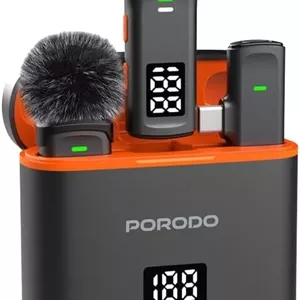 میکروفون یقه ای بی سیم دوگانه Porodo به همراه جعبه شارژ و آداپتور لایتنینگ