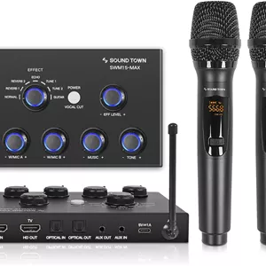 سیستم میکسر کارائوکه میکروفون بی سیم 16 کاناله Sound Town با 2 میکروفون بی سیم، HD ARC، اپتیکال (Toslink)، AUX، پشتیبانی از تلویزیون هوشمند، مدیا باکس، کامپیوتر، بلوتوث، ساندبار، رسیور (SWM15-MAX)