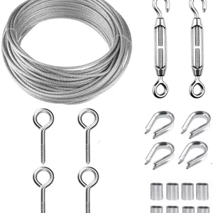 کیت سیم مفتولی THE WHITE SHOP / سیم تصویر سنگین، سیم طناب کابلی روکش شده از جنس استنلس استیل 1/16 اینچ، 50 فوت، کیت کشنده سیم مهاربند M5 برای نرده کابلی، سیم باغبانی و کارهای سبک