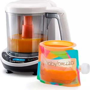 دستگاه غذاساز کودک بیبی برزا مدل One Step Deluxe – پخت و مخلوط کن در یک دستگاه برای بخارپز و پوره کردن غذای کودک برای کیسه‌ها - تهیه غذای ارگانیک برای نوزادان و کودکان نوپا - مجموعه شامل 3 کیسه و 3 قیف