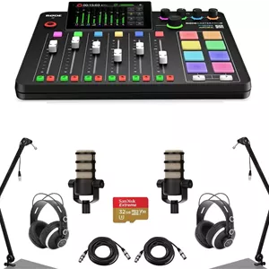بسته استودیویی تولید صوتی یکپارچه Rode RODECaster Pro II به همراه 2 عدد میکروفون PodMic، 2 عدد هدفون TAPH500، 2 عدد بازوی پخش، 2 عدد کابل XLR نر به ماده، کارت microSD 32 گیگابایتی
