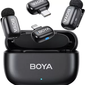 میکروفون بی‌سیم مینی BOYA برای آیفون، اندروید، 5G فوق سبک، میکروفون یقه‌ای بی‌سیم، تغییر دهنده صدای هوش مصنوعی، کاهش نویز هوش مصنوعی، میکروفون تلفن یقه‌ای، 30 ساعت استفاده، میکروفون گیره‌ای با USB-C/Lightning