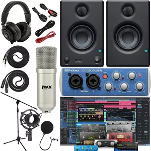 کارت صدای Presonus AudioBox 96 (ممکن است آبی یا مشکی باشد) بسته استودیویی کامل با بسته نرم افزاری Studio One Artist به همراه یک جفت مانیتور استودیویی Eris 3.5، میکروفون کاندنسر، کابل های ساز 1/4 اینچی