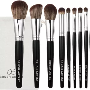 ست براش آرایشی 12 عددی مشکی نقره ای BRUSH ARTIST به همراه کیف نخی، اسفنج کرم پودر، براش پودر صورت، براش کانتور، براش رژگونه، براش سایه چشم، براش ابرو، براش کانسیلر