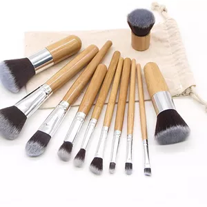 ست 11 عددی برس آرایشی، برس کرم پودر، برس رژگونه، ابزار برس آرایشی حرفه ای، مناسب برای انواع ابزارهای مورد نیاز آرایش، شامل کیف پارچه ای، آسان برای نگهداری
