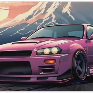 ماوس پد بزرگ گیمینگ FeoYoed صورتی رنگ با طرح خودروی JDM R35، کوه برفی، غروب آفتاب و شکوفه های گیلاس، زیره لاستیکی ضد لغزش، لوازم جانبی کامپیوتر برای دفاتر و گیمینگ، ابعاد 40x90 سانتی متر