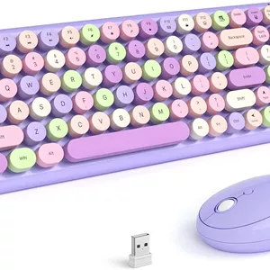 کیبورد و ماوس بی سیم MOFII، کیبورد ماشین تحریر سایز کامل با صفحه کلید اعداد و ماوس متصل USB 2 در 1 برای مک، ویندوز 7/8/10، لپ تاپ، دسکتاپ، کامپیوتر (بنفش رنگارنگ)