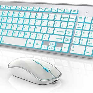 مجموعه کیبورد و ماوس بی سیم JOYACCESS J با 7 گزینه نور پس زمینه، کلیدهای روشن بی صدا، قابل شارژ با Type-C، حالت خواب - مجموعه بی سیم قابل حمل بی صدا 2.4G برای لپ تاپ/کامپیوتر/مک (سفید نقره ای)