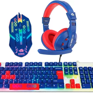 ست گیمینگ 3 در 1 سونیک خارپشت شامل کیبورد و ماوس با نور پس زمینه LED و هدست گیمینگ بالشتکی با میکروفون. ایده آل برای جلسات طولانی بازی، دارای گریپ راحت، ماوس ارگونومیک و کیبورد مکانیکی