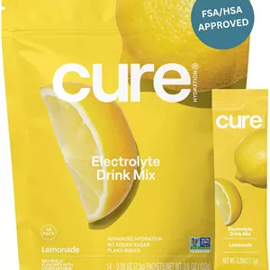مخلوط آبرسان CURE | نوشیدنی الکترولیت گیاهی | بدون شکر افزوده | پودر تسکین دهنده تهیه شده با آب نارگیل | غیر GMO | وگان | FSA & HSA | بسته 14 عددی - لیموناد