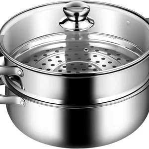 بخارپز ۲ طبقه استیل آمِرتیر برای پخت و پز، قابلمه بخارپز چند لایه ۷ اینچی با دستگیره در دو طرف، کپسول بخارپز با کف و درب شیشه‌ای - بخارپز دامپلینگ، قابلمه بخار، بخارپز سبزیجات