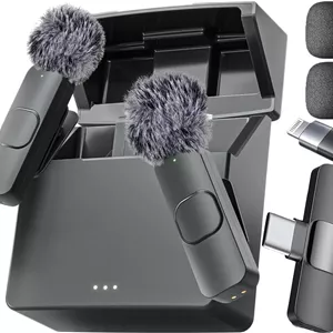 میکروفون بی سیم مینی Mic Pro برای آیفون، آیپد، اندروید، میکروفون یقه ای برای ضبط ویدیو - بسته 2 عددی میکروفون آیفون ضبط شفاف با USB-C برای پادکست، ASMR (همراه با جعبه شارژ)