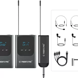 سیستم میکروفون بی سیم دیجیتال دوگانه Phenyx Pro، گیرنده مینی قابل حمل، 2x15 فرکانس UHF، 2 فرستنده بادی‌پک، میکروفون هدست/یقه ای برای آواز خواندن، کارائوکه (PDP-2-2B)