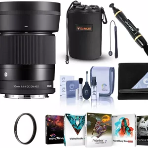 لنز سیگما 30mm f/1.4 DC DN Contemporary برای مانت L، همراه با فیلتر UV 52mm، کیف لنز، تمیز کننده لنز، کیت تمیز کننده، کیت نرم افزار PC، بند نگهدارنده درب لنز، پارچه
