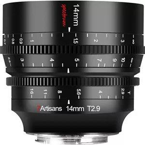 لنز سینمایی 7artisans 14mm T2.9 با دیافراگم بزرگ، چرخش فوکوس 270 درجه، فول فریم 114 درجه زاویه فوق عریض، سازگار با Sigma FP، Panasonic S1 S1H S5، Leica SL SL2، مشکی