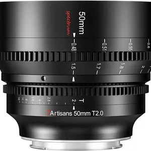 لنز سینمایی 7artisans 50mm T2.0 با دیافراگم باز و فوکوس دستی، بدون اعوجاج، سازگار با دوربین‌های سونی E-Mount فول فریم سری A7، FX3، A7S3، A7M3، A7R3، A7M4 - مشکی