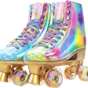 JajaHoho Roller Skates for Women, Holographic High Top PU Leather Rollerskates, Shiny Double-Row Four Wheels Quad Skates for Girls and Age 8-50 Indoor Multicolor (Rainbow)