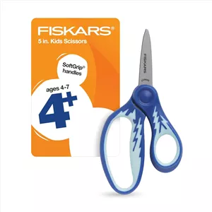 قیچی نوک تیز 5 اینچی فیسکارس SoftGrip برای کودکان 4 تا 7 سال، قیچی برای مدرسه یا کاردستی، لوازم مدرسه، رعد و برق آبی