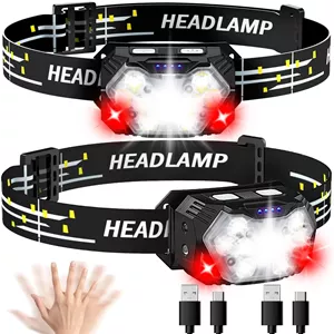 Lsnisni Headlamp LED Rechargeable 2 Pieces, 2000 Lumens Rechargeable Headlamp with Red Light and Motion Sensor, 6 Light Modes, IPX5 Waterproof for Children and Adults Camping, Jogging, Fishing