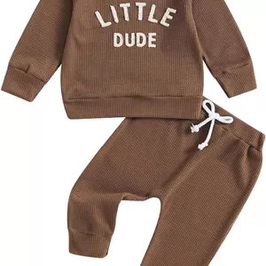 ست لباس پسرانه بچه گانه شامل بلوز آستین بلند وافل طرح Little Dude و شلوار راحتی، مناسب فصل پاییز و زمستان (2 تکه)