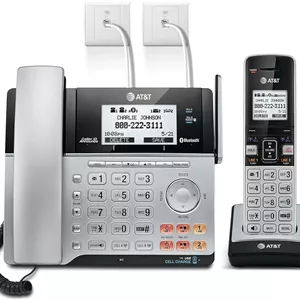 سیستم تلفن سانترال ۲ خطه بی سیم و با سیم AT&T VTech TL86103 DECT 6.0 با قابلیت اتصال به موبایل، دارای سیستم پاسخگویی، نمایشگر شماره تماس و انتظار مکالمه، ۱ گوشی با سیم و ۱ گوشی بی سیم، نقره ای/مشکی
