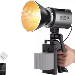 نور ویدئویی ال ای دی نیور MS60B با کنترل 2.4G/App، نور پیوسته مینی کامپکت 65 واتی COB فلزی با پایه Bowens برای استودیو عکاسی، 40000 لوکس/1 متر 2700-6500K CRI 97 /TLCI 98 ، نقره ای