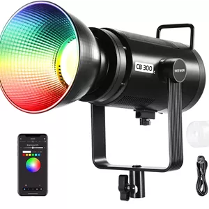 نور ویدئویی ال ای دی RGB نیور 300 وات با رفلکتور، کنترل از طریق اپلیکیشن/2.4G، 17 صحنه، 29600 لوکس/1 متر 2500-7500K CRI97 /TLCI97  تمام رنگی Bowens COB خروجی پیوسته نورپردازی قابل تنظیم برای فیلمبرداری استودیویی، CB300C