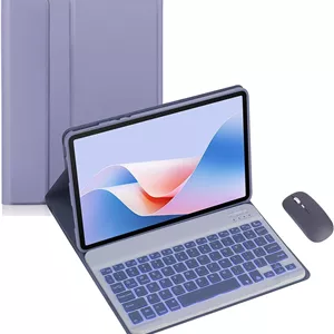 کیف کیبورد برای تبلت 10.6 اینچی Lenovo Tab M10 Plus نسل 3 سال 2022، کیبورد بی‌سیم با پوشش محافظ چند زاویه‌ای و ماوس، حاشیه سیلیکونی نرم PU (بنفش، دارای نور پس زمینه و ماوس)