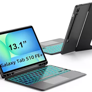 کیبورد با ترک‌پد JUQITECH مناسب برای تبلت سامسونگ گلکسی تب S10 FE Plus 13.1 اینچ 2025، کاور تبلت نرم با پایه تاشو و کیبورد بی‌سیم جداشدنی مغناطیسی با نور پس‌زمینه، دارای جایگاه قلم S، مناسب برای مدل‌های SM-X620/X626/X626B