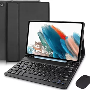 کیبورد برای تبلت سامسونگ گلکسی تب A8 سایز 10.5 اینچ 2022 و دارای جای قلم S Pen - کاور هوشمند باریک به همراه کیبورد بلوتوثی جداشدنی و ماوس برای تبلت سامسونگ A8 (مدل SM-X200/ X205 /X207/مشکی)
