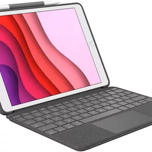 کیبورد و ترک‌پد Logitech Combo Touch برای آیپد (نسل 7، 8 و 9: A2197/A2200/A2198/A2270/A2428/A2429/A2430)، کاور کیبورد با ترک‌پد، کیبورد بی‌سیم جداشدنی، کاور نرم و باریک، پایه قابل تنظیم، QWERTY UK