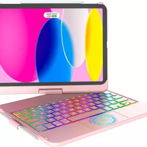 کیبورد لمسی CC Store برای آیپد (A16) نسل 11 سال 2025/نسل 10 سال 2022، دارای نور پس زمینه 7 رنگ، چرخش 360 درجه، ترک پد چند لمسی، جای مداد، سازگار با آیپد (A16) نسل 11/10 (رزگلد)