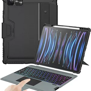 کیبورد و کاور محافظ Nillkin Bumper Combo با نور پس زمینه، طراحی شده برای Apple iPad Air 13 2024/Pro 12.9 2020/2021/2022، دارای جای قلم/ضد ضربه/پایه/ترک پد/کیبورد (حروف آلمانی) - مشکی