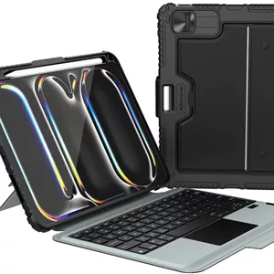 کیبورد و کاور محافظ Nillkin Bumper Combo با نور پس زمینه، طراحی شده برای Apple iPad Pro 11 2024، دارای جای قلم، کاور ضد ضربه، استند و کیبورد جداشدنی - مشکی
