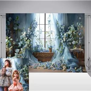 Kate Floral Blue Window Photography Background Wedding Bridal Shower Birthday Party Backdrop Cake Smash Children Adults Photography Photo Studio Props Backgrounds 2.2x1.5m/7x5ft