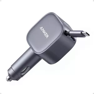 شارژر فندکی USB-C انکر، حداکثر 75 وات، شارژر فندکی سریع و فوق‌العاده جمع‌وجور Type-C با کابل جمع‌شونده داخلی، آداپتور خودرو برای سری آیفون 17/16، سامسونگ S24/S23، مک‌بوک پرو/ایر، آیپد و غیره