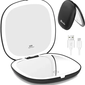 Wobsion Portable LED Pocket Mirror with Magnification 1×/10×, 750 mAh USB Rechargeable Travel Mirror with Dimmable, Hand Mirror Double Sided with Light, Travel Mirror Foldable, Gifts for Girls, Black