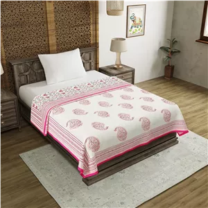 پتو تک نفره چاپی بلوک های هند (جنس: پنبه، جال صورتی، سازگار با پوست، بسته 1 عددی)