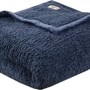 پتوی بربر بورلینگتون Woolrich، فوق العاده نرم، پوشش سبک و راحت با حاشیه مخملی لوکس، روتختی مدرن و شیک مناسب تمام فصول، سایز Full/Queen: 228x228، سرمه ای