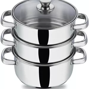 بخارپز استیل 3 طبقه وینود با درب شیشه‌ای - 20 سانتی‌متر (مناسب برای اجاق القایی)