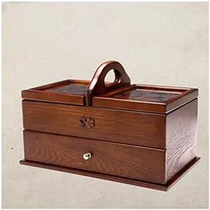 جعبه خیاطی، جعبه خیاطی چوبی کلاسیک تاشو، سبد نگهداری لوازم خیاطی با دسته حمل آسان، جعبه سبد خیاطی چوبی با محفظه، جعبه خیاطی چوبی قدیمی (رنگ: قهوه ای، سی)