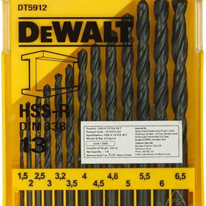 مجموعه مته های فولادی تندبر Dewalt Dt5912 Hss-R - Din 338 (۱۳ عددی)