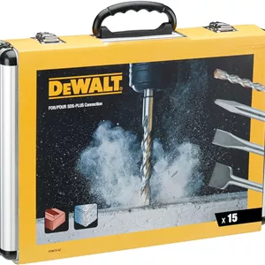 مجموعه قلم و مته DeWalt، ۱۵ تکه SDS Plus: ۴ عدد قلم تخت، ۱ عدد قلم نوک تیز، ۱۰ عدد مته SDS Plus با عملکرد بالا، شامل ۱ عدد جعبه آلومینیومی، DT9679