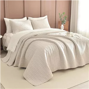 لحاف بزرگ سایز کوئین Sanracie، 259*299 سانتی‌متر، روتختی پنبه‌ای 100%، لحاف سبک وزن به رنگ گندمی، بسیار بزرگ، ست 3 تکه با طرح دوخت دایره‌ای، روتختی کوئین، لحاف ابری نرم و راحت مناسب تمام فصول 