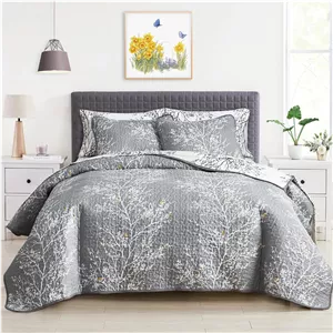 ست لحاف سه تکه UOZZI BEDDING طرح شاخه های خاکستری و سفید با نقطه های زرد سایز کوئین/فول 88x88، میکروفایبر نرم و سبک، رو تختی مناسب تمام فصول (شامل 1 لحاف و 2 روبالشی) 