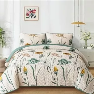 ست لحاف طرح گلدار WONGS BEDDING سایز Full، ست روتختی طرح گل و گیاه زرد و سبز با 2 روبالشتی، ست رو تختی سبک وزن بهاری مناسب تمام فصول (78 