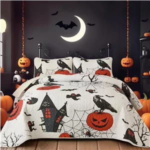 ست لحاف سه تکه هالووین WONGS BEDDING سایز کوئین، طرح روح سیاه، خفاش، کدو تنبل و عنکبوت، ست روتختی با تم تعطیلات، ست رو تختی تزئینی با 2 روبالشی (96 