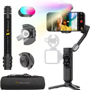 لرزشگیر گیمبال 3 محوره AOCHUAN برای آیفون و اندروید با نور RGB، گیمبال تلفن دستی برای ضبط ویدیو با ردیابی هوش مصنوعی، رزوه 1/4، سه پایه قابل افزایش، کیف حمل پد دار (Smart X Complete Combo1) 